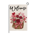 Bandera de jardín Welcome con rosas, corazones y cesta sobre tela de lino - Estilo Cesta de Flores Rosas Rojas (HYQ090-3)