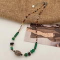 Bohemian colorful beaded necklace with agate eye bead and adjustable silver lobster clasp - Olive Agate Dzi Style (B-427)