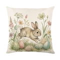 Easter bunny pillow case with watercolor rabbit and eggs on cotton linen fabric - Jumping Rabbit (JYM706-2) / Square (Without Core)