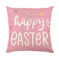 Pink linen Easter pillow case with Happy Easter text and bunny ears illustration - Happy Easter Typography (JYM708-2)