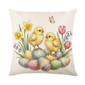 Oster-Kissenbezug mit Küken und Blumen auf Leinenstruktur für Sofa und Deko - 45x45 / Gelbes Kükenstil (JYM709-3)