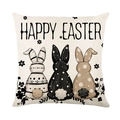 Paaskussenhoes met drie konijnen en Happy Easter tekst op beige linnen materiaal - 45x45cm