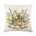 Linen Easter pillow cover featuring a watercolor bunny and colorful eggs on white - Single Easter Bunny Style (JYM712-2)