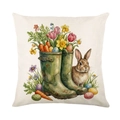Fodera cuscino con coniglio pasquale e stivali floreali su tessuto di lino beige - Stile Stivali da Pioggia e Coniglio (JYM713-3) / 45x45CM (Senza Interno)
