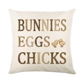 Linen Easter pillow cover with bunnies eggs chicks print on beige background - 45cmx45cm / Bunnies And Chicks Text Style (JYM715-3)