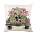 Quadratischer Kissenbezug aus Polyester mit blauem Vintage-LKW und rosa Tulpen für Deko - Vintage Blauer LKW und Tulpe Stil (JYM724-4)