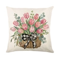 Kissenhülle aus Polyester mit Tulpenmotiv im Korb und karierter Schleife im Druck - Rosa Tulpen und Korb Stil (JYM724-1)