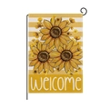 Garden welcome flag featuring sunflowers and yellow stripes on linen texture - Three Sunflowers Striped Background (HYQ97-1)