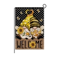 Spring garden flag with honey bee gnomes and sunflower welcome message on linen fabric - Bee Gnome (HYQ096-3)