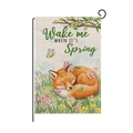 Spring garden flag with sleeping fox and flowers on a textured burlap material - Spring Fox (HYQ096-1)