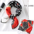 Houndstooth silk scarf with red, black, and white geometric pattern for women - Fx-144x / 50*50CM