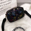 Fashionable black crossbody bag with iridescent geometric lines and wide printed strap - Black
