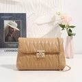 Chic camel quilted crossbody bag with golden chain strap and metallic lock closure - Khaki