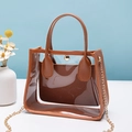 Sac à main transparent en PVC avec bordure en cuir marron et chaîne dorée pour femme - Marron