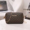 Brown small chain crossbody bag with golden clover pattern and metallic logo - Coffee