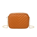 Quilted V-pattern crossbody camera bag in dark camel leather with gold chain strap - Brown
