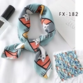 Blue silk-like neck scarf with orange geometric patterns and white cat illustration - Fx-182 / 50*50CM