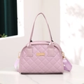Detail of lavender quilted Boston bag with gold hardware and removable fabric strap - Violet