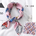 Pink satin scarf for women with artistic cat print and colorful geometric patterns - Fx-184 / 50*50CM