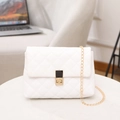Elegant white quilted chain shoulder bag with golden lock and rectangular black detail - White