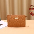 Quilted caramel brown crossbody bag with diamond pattern and gold chain strap - Brown