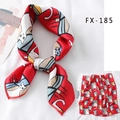 Red square silk scarf featuring cartoon cat illustration and artistic building pattern - Fx-185 / 50*50CM