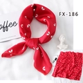 Red square silk scarf featuring a white heart pattern, shown knotted for hair or neck wear - Fx-186 / 50*50CM