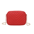 Red crossbody camera bag with chevron quilting and golden chain strap on white background - Red