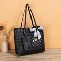 Black heart-quilted tote bag with matching mini pouch and printed silk scarf detail - Black