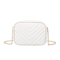 Minimalist white quilted camera bag with V-shaped stitching and golden chain strap - Off White
