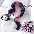 Navy and pink geometric checkered faux silk square scarf with minimalist smiley patterns - Fx-196 / 50*50CM