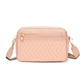 Pink quilted crossbody camera bag with wavy stitching and colorful woven strap - Pink