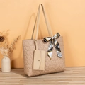 Beige quilted heart tote bag set with decorative silk scarf and small matching pouch - Khaki