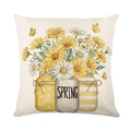 Lente kussenhoes met gele madeliefjes en 'SPRING' opdruk op linnenachtige stof textuur - Vaas Stijl (JYM727-4)