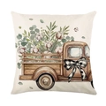 Leinen-Kissenbezug mit Retro-Truck, weißen Baumwollblüten und Eukalyptus-Muster - Vintage Truck Baumwoll-Stil (JYM726-4)