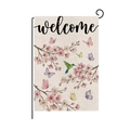 Garden flag with hummingbird and cherry blossom print on linen fabric with welcome text - Butterfly Cherry Blossom Style (HYQ081-2)