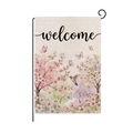 Welcome garden flag featuring pink cherry blossoms, butterflies and hummingbird design - Hummingbird Butterfly Pink Style (HYQ081-3)