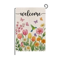 Garden flag with watercolor flowers, hummingbird and welcome text on linen fabric - Watercolor Tulip Style (HYQ081-4)