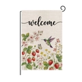Garden welcome flag featuring hummingbird and strawberry illustrations on linen fabric - Strawberry Hummingbird Welcome Style (HYQ081-7)