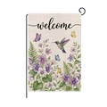 Welcome garden flag featuring hummingbird and purple pansies with a black metal hook - Purple Pansy Hummingbird Style (HYQ081-8)