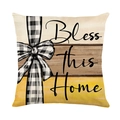 Funda de cojín con lazo de cuadros y estampado 'Bless this Home' sobre fondo rústico - 45x45cm / Estilo Bless This Home 3 (JYM728-3)