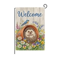 Bandiera da giardino pasquale con riccio e scritta Welcome su trama in lino e supporto - Riccio in Vaso e Uccello Azzurro (HYQ082-4)
