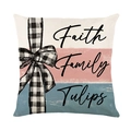 Polyester-Kissenbezug mit rosa-blauen Streifen, Schleifendruck und Faith-Schriftzug - Faith Family Tulips Buchstabe und Patchwork Stil (JYM724-3)