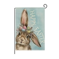 Bandera de jardín de Pascua con conejo y huevos en tela de lino azul claro - Conejo marrón pintado a mano con corona de huevos (HYQ087-1)
