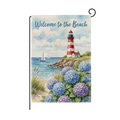 Drapeau de jardin avec motif phare et hortensias et texte Welcome to the Beach inclus - Phare de Bord de Mer Welcome (HYQ082-6)