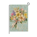 Bandera de jardín de Pascua con flores, huevos de colores y soporte de metal negro - Fondo azul flores y huevos (HYQ087-3)