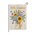 Gartenfahne aus Sackleinen mit Sonnenblumenstrauß an schwarzem Metallständer - Hallo Sonnenschein (HYQ085-2)