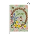 Doppelseitige Gartenfahne mit Spring-Schriftzug, Blumenmotiv und schwarzem Metallhalter - Frühlingskranz (HYQ085-3)