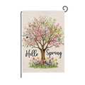 Oster-Gartenfahne aus Leinen mit Hello Spring Aufdruck, rosa Bäumen und Tulpen - Kirschblütenbaum Stil (HYQ092-1)