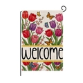 Ostergartenfahne mit bunten Tulpen, Schmetterlingen und Welcome-Schriftzug - Willkommen Tulpe (HYQ085-5)